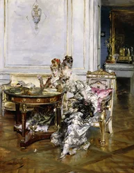 Eleganta damer i en interiör, ca 1875