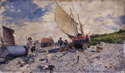 Etretat Beach norr om Le Havre; Spiaggia i Le Havres norra distrikt, ca 1870-72