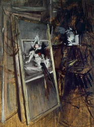 Inuti målares ateljé med målning Young Girl, Errazuriz, av Giovanni Boldini (1842-1931)
