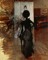 Dam i ateljé av målare med vit pastell av Giovanni Boldini (1842-1931)