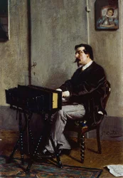 Målare Cristiano Banti at harmonium av Giovanni Boldini (1842-1931), olja på duk, 28x19 cm