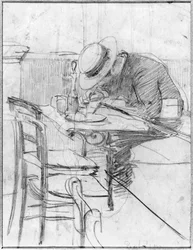 Paul Cesar Helleu vid ett bord på ett kafé