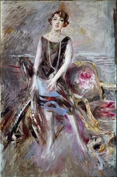 Porträtt av Madame Corbitt Hon är en tusensköna i stil med galna år. Målning av Giovanni Boldini (1842-1931) 1925 sön. 185x122 cm Pistoia kollektion Boldini