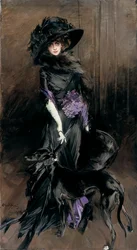 Porträtt av markisinnan Luisa Casati med en vinthund