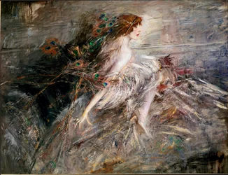 Porträtt av markisinnan Casati med påfågelfjädrar