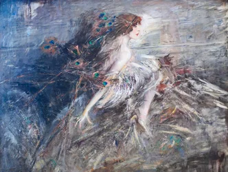 Porträtt av markisinnan Casati med påfågelfjädrar