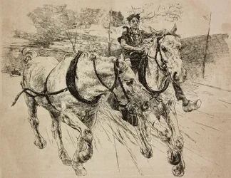 Förstärkningsvagnshästar, gravyr från originalteckning av Giovanni Boldini, från hans målning, från L