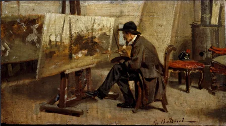 Målaren Giovanni Fattori i sin verkstad Målning tillskriven Giovanni Boldini (1842-1931) 1863-1869 Sön. 13x24 cm Milan privat samling
