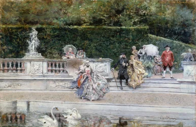 Utsikt över Versailles trädgård med människor klädda i artonhundratalets kläder, av Giovanni Boldini (1842-1931), olja på panel
