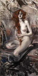 Kvinna som kammar sitt hår, ca. 1912.