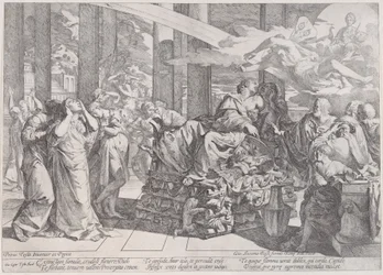 Didos självmord, där hon ligger på ett bål i mitten, omgiven av många gestalter, 1650-55.