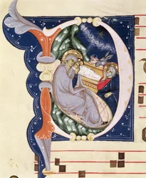 Ms 561 f.31v Historikert initial "D" som skildrar födseln, från en gradual från klostret San Jacopo di Ripoli, tidigt 1300-tal