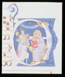 Ms 561 f.37r Historikert initial "O" som skildrar tillbedjan av männen, från en gradual från klostret San Jacopo di Ripoli, tidigt 1300-tal
