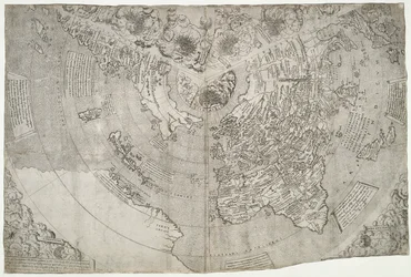 Världskarta, Mundu [sic] spericum...du kommer att känna till John Matthew Contarenis flit.., av Contarini, Giovanni och Francesco Rosselli