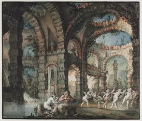 Satyrfamilj med dansande keruber, ca 1775-76 (akvarell och penselarbete med grafit och gouache)