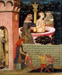 Historier om Susanne, cirka 1450, frontpanel av målad kista, av Giovanni di Ser Giovanni, känd som Lo Scheggia (1406-1486), tempera på trä Detalj