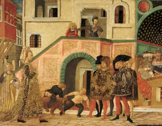 Historier om Susanne, cirka 1450, frontpanel av målad kista, av Giovanni di Ser Giovanni, känd som Lo Scheggia (1406-1486), tempera på trä, Detalj