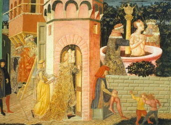 Berättelser om Susanne, cirka 1450, höger sida av målad kista av Giovanni di Ser Giovanni, känd som Lo Scheggia (1406-1486), tempera på panel, detalj