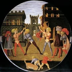 spel som heter civettino, detalj från framsidan av födelsebrickan (rund målning), cirka 1450, av Giovanni di Ser Giovanni, känd som Lo Scheggia (1406-1486), tempera på trä