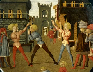 spel som heter civettino, detalj från framsidan av födelsebrickan (rund målning), cirka 1450, av Giovanni di Ser Giovanni, känd som Lo Scheggia (1406-1486), tempera på trä