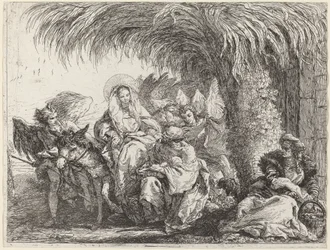 Joseph knäböjer med barnet inför Maria på åsnan