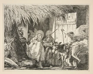 Josef och Maria framför ett hus, från serien Idee pittoresche sopra la fuga in Egitto (Flight into Egypt)