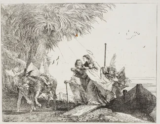 Mary, hjälpt av Josef och en ängel, kliver ut ur båten, tallrik arton från The Flight into Egypt