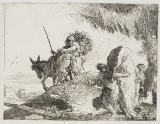 Mary, med stöd av två änglar, följer Joseph, skylt 26 från The Flight into Egypt