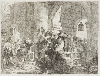 Den heliga familjen anländer till en stadsport, skylt 27 från The Flight into Egypt