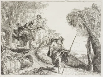 Den heliga familjen på väg nedför en skogsstig, nära en flock och några herdar, skylt 21 från The Flight into Egypt