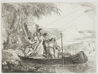 Den heliga familjen går in i båten med hjälp av änglarna, skylt sexton från The Flight into Egypt