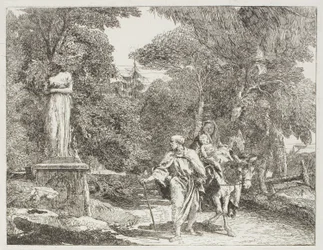 Den heliga familjen passerar en staty, vars huvud faller till marken, skylt 22 från The Flight into Egypt