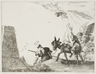 Den heliga familjen passerar en pyramid, tallrik tjugo från The Flight into Egypt
