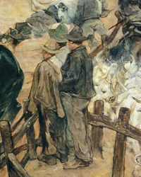Märkning av unga tjurar i Maremma, cirka 1887, av Giovanni Fattori (1825-1908), 86x172 cm, Detalj