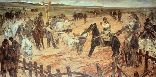 Märkning av unga tjurar i Maremma av Giovanni Fattori (1825-1908), olja på duk, 885 cm x175
