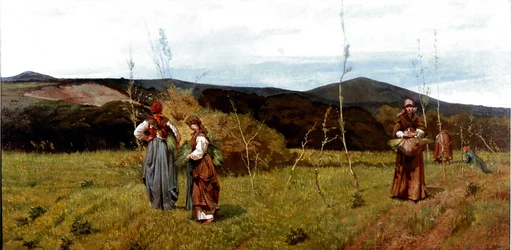 Bonde macchiaiole på fälten under skörd. Målning av Giovanni Fattori (1825-1908) 1866-1867 Dim. 90x180 cm Milano, privat samling