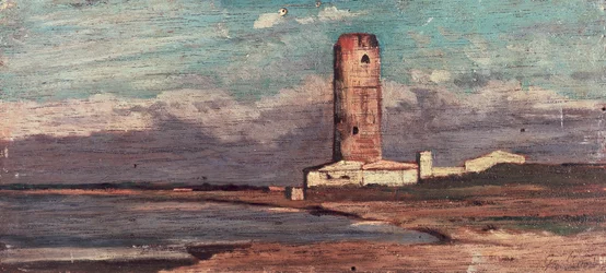 The Tower of Marzocco, eller Red Tower av Giovanni Fattori (1825-1908), olja på panel