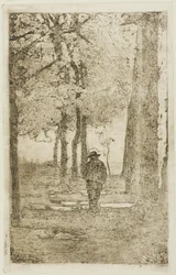 Trädbevuxen promenad med figur