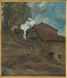 Mountain Traditional Housefarm (olja på plywood)