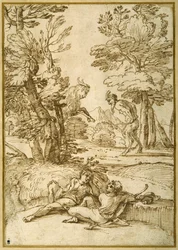 Ett landskap med två herdarpojkar som vilar, medan en satyr och en get dansar (penna och bläck på papper)