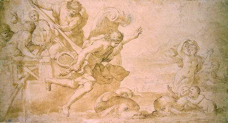 Arion och delfinerna (penna & brunt bläck och tvätt på papper)