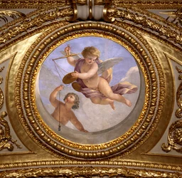 Kärlek till rättvisa. Målning av Giovanni Romanelli (1601-1662) som dekorerar taket i Antonine Hall, sovrummet i drottning Annes sommarlägenheter (1601-1666). Omkring 1655-1658. Paris, Louvren.