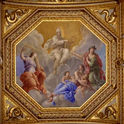 Religion och teologiska dygder (Tro, Kärlek, Esperance). Målning av Giovanni Romanelli (1601-1662) som dekorerar taket i Antonine Hall, sovrummet i drottning Annes sommarlägenheter (1601-1666). Omkring 1655-1658. Paris, Louvren Mus
