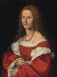 Porträtt av en dam som Maria Magdalena, halvfigur, i röd klänning och pärlhalsband