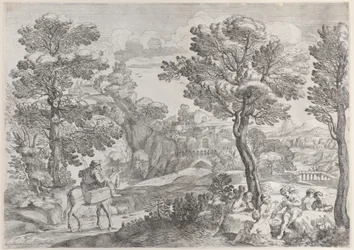 En grupp människor som spelar kort till höger och en man till häst till vänster, 1626-80.