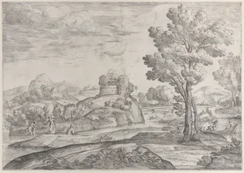 Ett hus på toppen av en rund sten i mitten, människor i floden och i kanoter, 1626-80.
