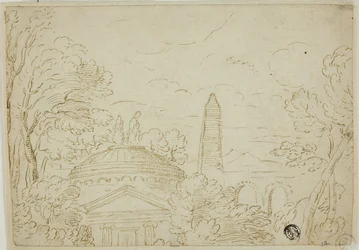 Landskap med tempel, obelisk och akvedukt