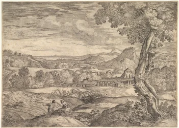 Landskap med tegelbruk i mitten, en stående man i förgrunden p..., 1626-80.
