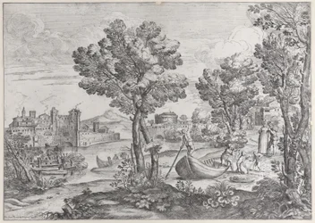 Landskap med en man som håller en orm mot ett skräckslaget barn, bevakat av en moderiktig..., 1626-80.