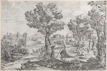 Landskap med en man som håller en orm mot ett skräckslaget barn, bevakat av en moderiktig..., 1626-80.